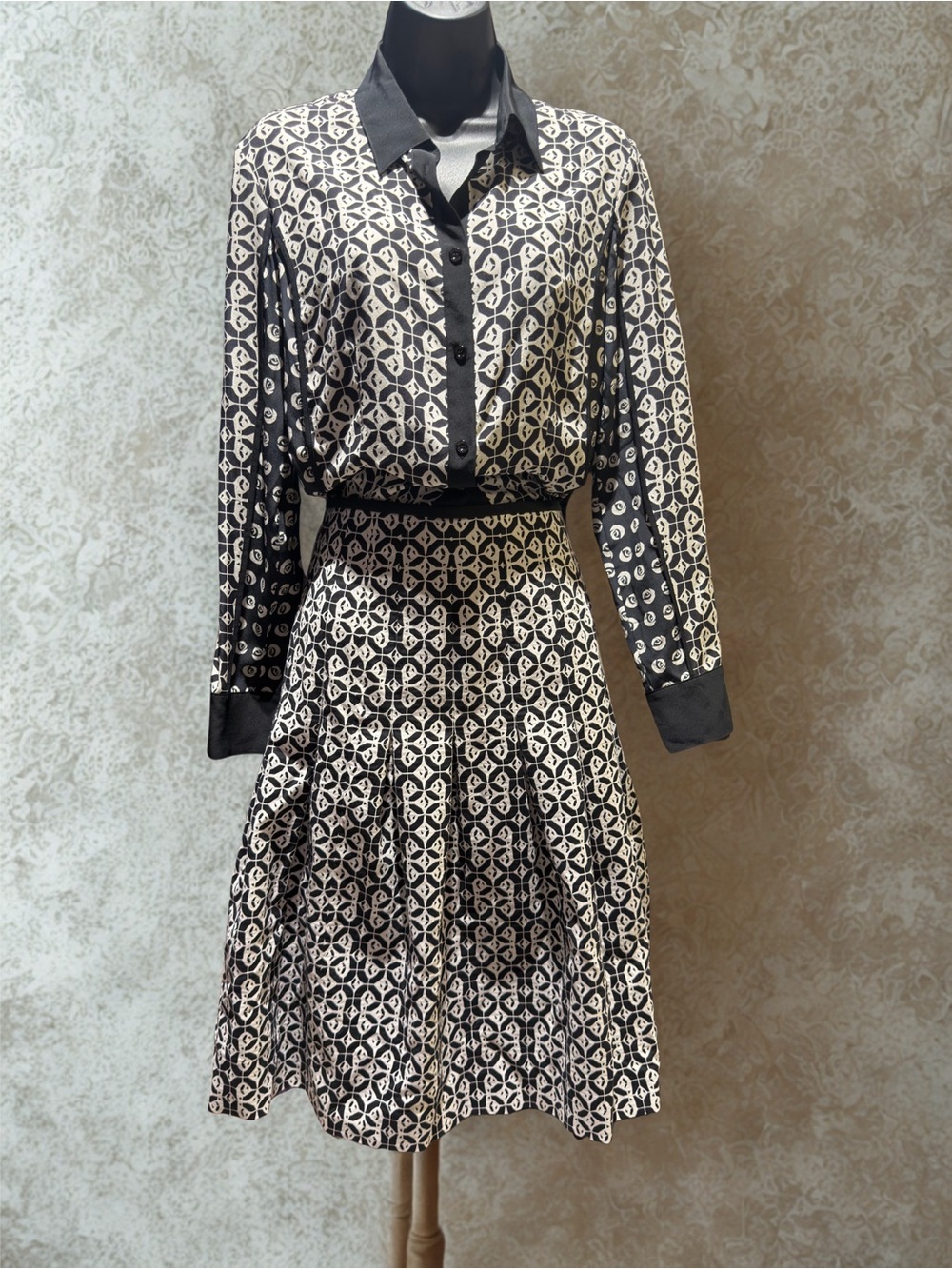 Escada Black and Cream Printed Midi Skirt and Blouse Set
